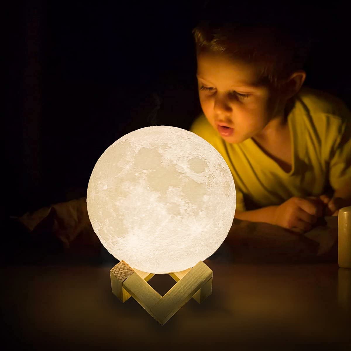 Mydethun Moon Lamp - Home Décor, Mood Lighting with Brightness Control, LED Night Light, Bedroom, Sleep Training Meditation,Birthday Gifts for Kids Women, Ceramic Hand Base, 3.5", White & Yellow