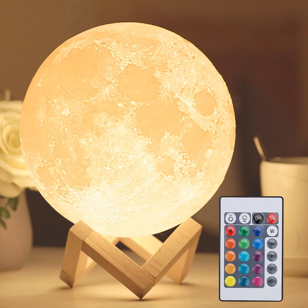 Mydethun Moon Lamp - Home Décor, Mood Lighting with Brightness Control, LED Night Light, Bedroom, Sleep Training Meditation,Birthday Gifts for Kids Women, Ceramic Hand Base, 3.5", White & Yellow