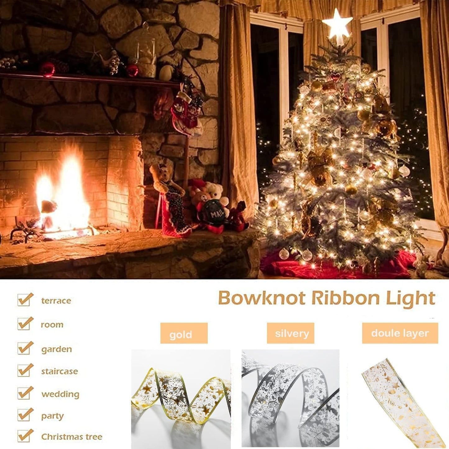 GIHOO Christmas Tree Decorations String Lights 32ft 100 LED Lights Copper Wire Ribbon Bows Lights for Party Weddings Holiday Christmas Tree Decorations (Gold Warm Light Battery Powered)