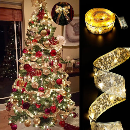 GIHOO Christmas Tree Decorations String Lights 32ft 100 LED Lights Copper Wire Ribbon Bows Lights for Party Weddings Holiday Christmas Tree Decorations (Gold Warm Light Battery Powered)