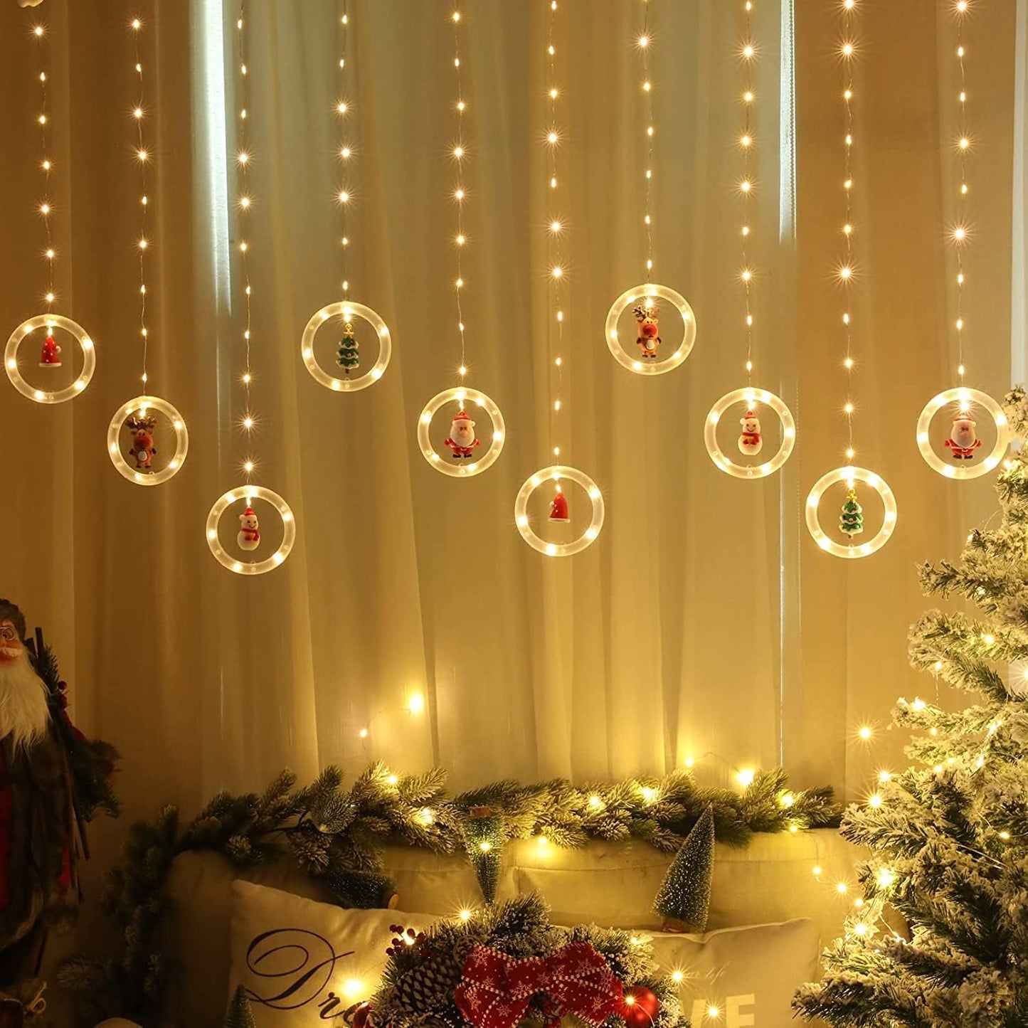 ADVWIN Christmas Decoration String Lights, 120 LED 10Pcs Santa Fairy Lights, USB Powered Christmas Curtain Lights for Xmas Tree Patio Bedroom Decor, Warm White