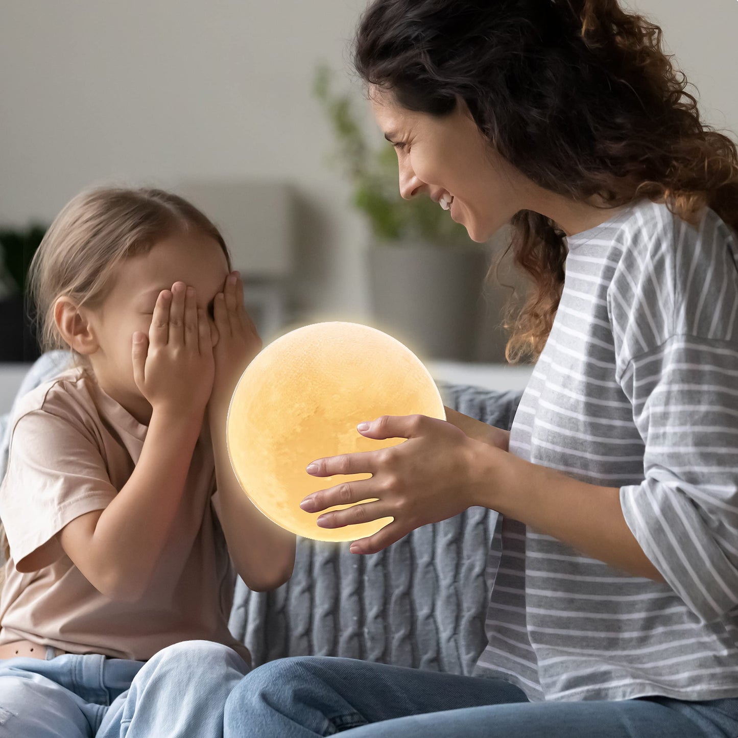 Mydethun Moon Lamp - Home Décor, Mood Lighting with Brightness Control, LED Night Light, Bedroom, Sleep Training Meditation,Birthday Gifts for Kids Women, Ceramic Hand Base, 3.5", White & Yellow